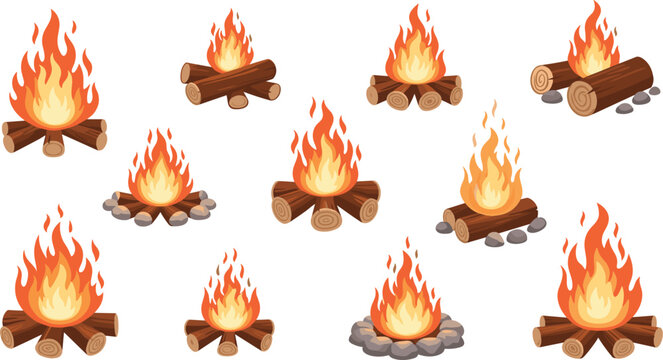 Vector set of various campfire and bonfire illustrations with burning wood logs and glowing orange flames for camping and outdoor adventure design