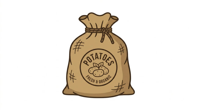 A burlap sack filled with potatoes with a label on the front.