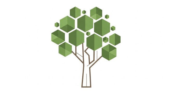 Abstract geometric tree with hexagonal leaves and spheres.