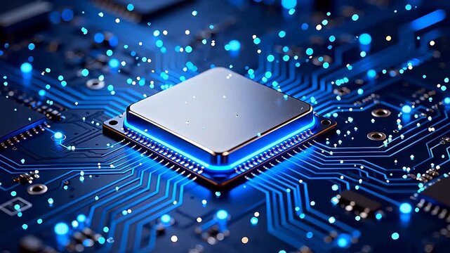 Close-up of a microprocessor chip on a circuit board with blue glowing effects