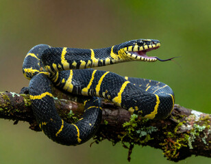 Obraz premium Snake resting on a branch in a rainforest during daylight hours with tongue extending Generative AI