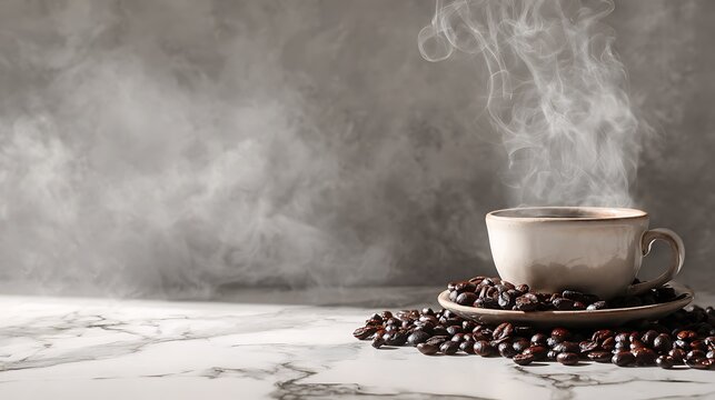 Steaming coffee in a beige cup, surrounded by roasted beans, on a marble surface