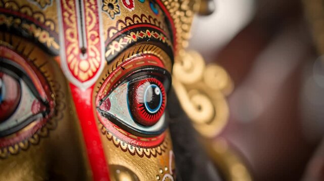 Close up of ornate Indian deity idol face for traditional religious event