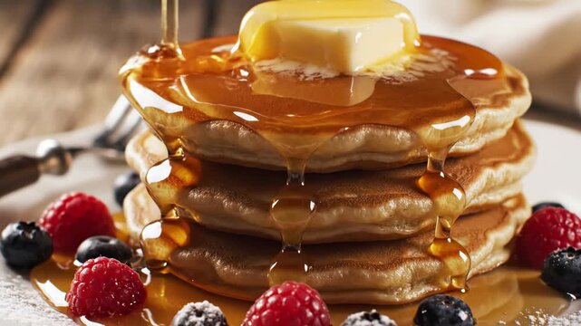 Macro close-up shot of a stack of three golden brown pancakes on a white plate, topped with a melting pat of butter and golden maple syrup being poured over the top with fresh berries.