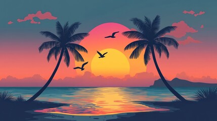 Obraz premium Sunset scene with silhouetted palm trees and birds in a colorful tropical landscape