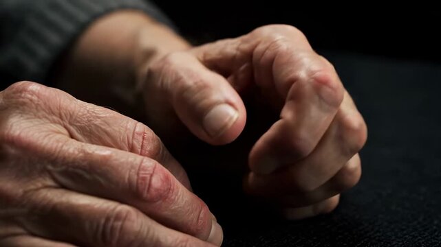 Close-up of aged hands, wrinkled skin, and prominent knuckles in dim lighting
