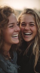 Fototapeta premium Joyful Moments of Laughter Between Close Friends in a Warm Golden Light