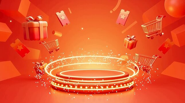 Red 3D e-commerce promotional scene with podium stage and floating shopping elements