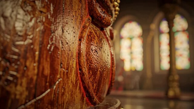 Close up of ornate wooden deity idol sculpture inside an Indian temple, rath yatra rathyatra festival