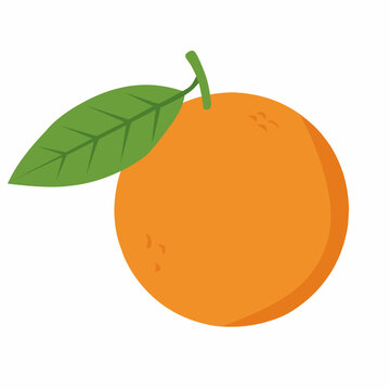Orange fruit flat vector illustration. Cartoon drawing of a fresh whole citrus with leaf. Minimalist orange icon for healthy food design. Simple fruit graphic isolated on white background.