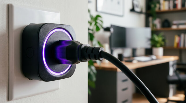 Black smart plug with purple led light and power cable in wall outlet with blurred home office background. Home and building automation IoT technology. Intelligent system connectivity with copy-space.
