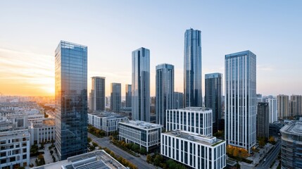 Obraz premium City skyline at sunset, urban landscape, modern architecture, business district view.