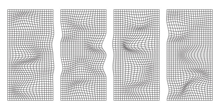 Distorted square grid. Warped mesh texture. Retro punk design elements. Wireframe wave geometry grid. Curved mesh elements. Eps10