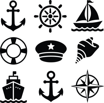 Nautical symbols anchor ship wheel sailboat lifebuoy cap.