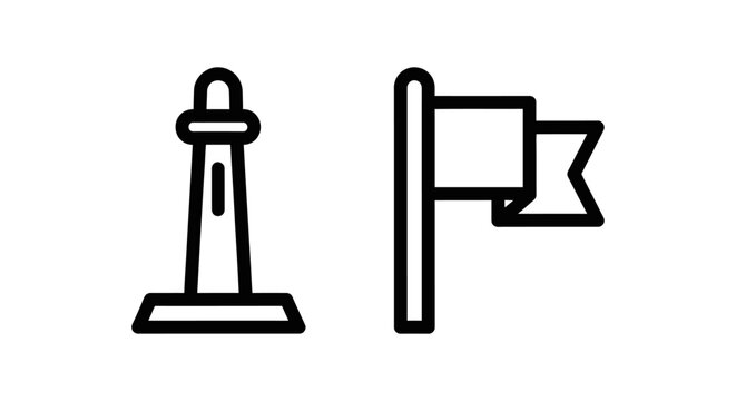 Minimalist outline icons of a lighthouse and a wavy pennant flag for navigation and travel with lighthouse navigation direction illustration destination guidance nautical architecture abstract