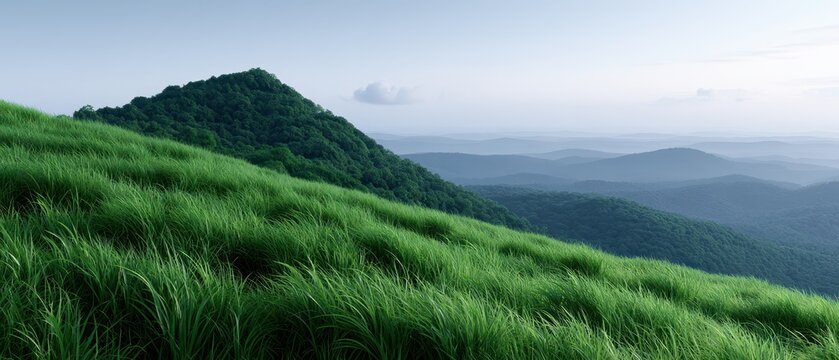 Green hills landscape under blue sky, nature background, countryside scenery.