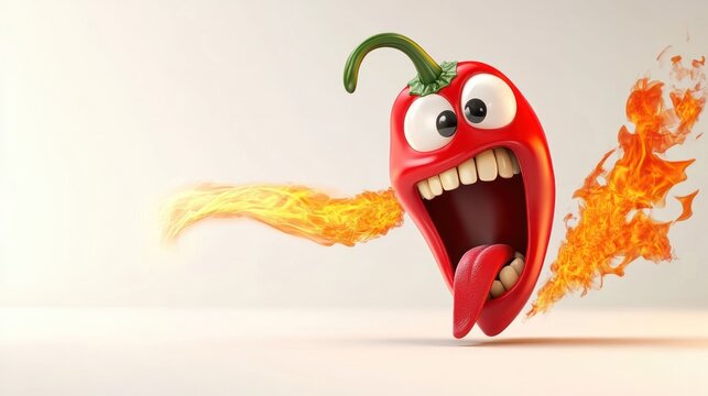 Cartoon chili pepper screaming, fire, studio background. Possible use food, humor, fun, education