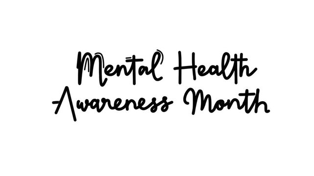 Mental health awareness month One line continuous animated typography intro outro animation video, hand drawn calligraphy lettering monoline vintage text line art black type on white background bg bac