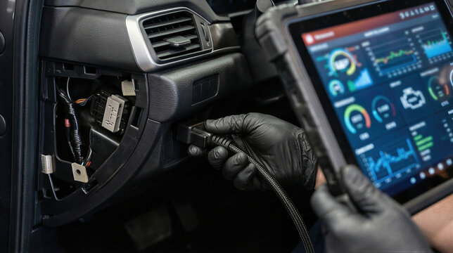 Mechanic using diagnostic scanner to check electrical system in car interior. Professional auto technician performing electronic maintenance with tablet. Modern vehicle diagnostics service.
