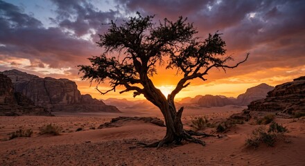 Naklejka premium Desert tree at sunset, arid landscape with mountains