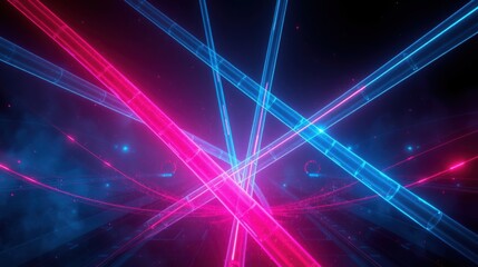 Fototapeta premium Abstract neon lights intersect, creating vibrant energy. Dark background emphasizes glowing pink, blue beams. Futuristic, dynamic composition.