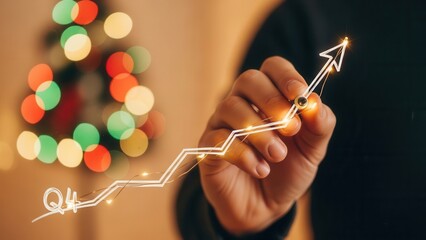 A person's hand a glowing q4 upward trend line graph with an arrow against a blurred background, of colorful christmas, tree lights