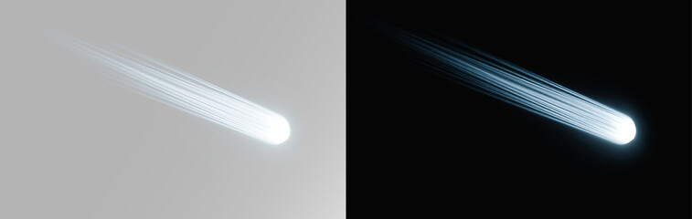 Realistic comet head with elongated radiant tail and glowing stardust particles for astronomical visualization overlay © Alehandro