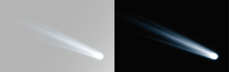 Realistic comet head with elongated radiant tail and glowing stardust particles for astronomical visualization overlay © Alehandro