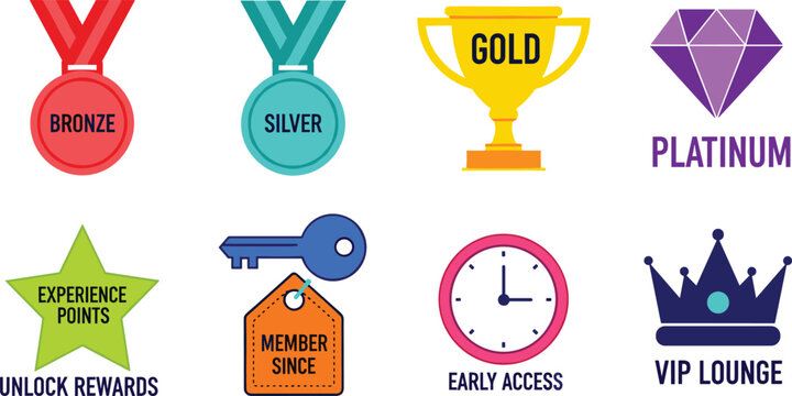 Loyalty Program and Gamification Icon Set Featuring Bronze Silver Gold Platinum Tiers VIP Lounge Early Access Key and Experience Points Rewards for Membership Apps
