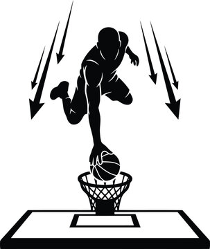 Basketball player performing a slam dunk silhouette with black and white alley oop basketball silhouette athletic competition movement energetic recreation training concentration