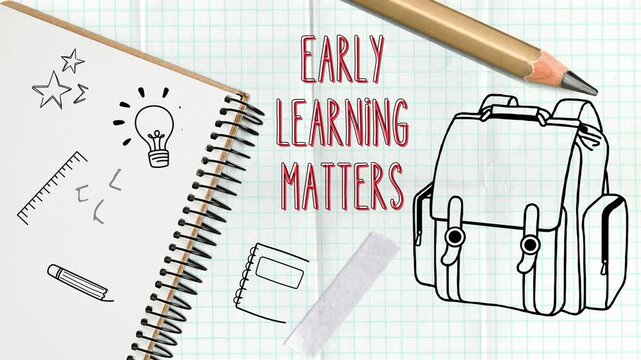 Animated drawings and text on graph paper for early learning concepts.