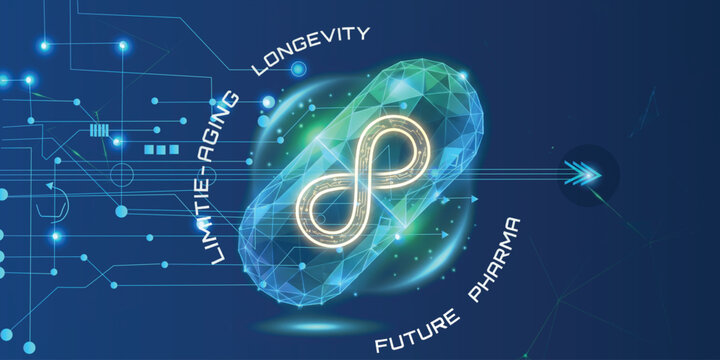 Futuristic longevity pill with glowing infinity symbol on blue digital background, anti‑aging medicine, future pharma and life extension biotechnology concept