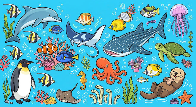 海のかわいい海洋生物と魚のコレクション、ジンベエザメ、イルカ、ウミガメ、ペンギン、サンゴ礁、タコ、ヒトデなどの生物のベクターイラスト