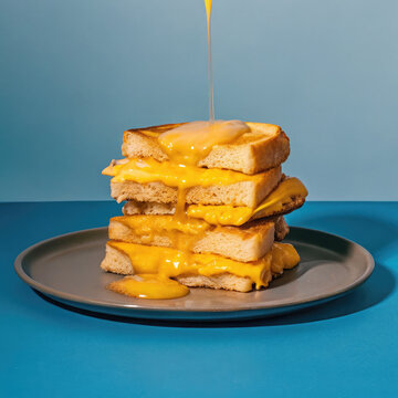 Stacked grilled cheese sandwich with melting cheese pour studio lighting