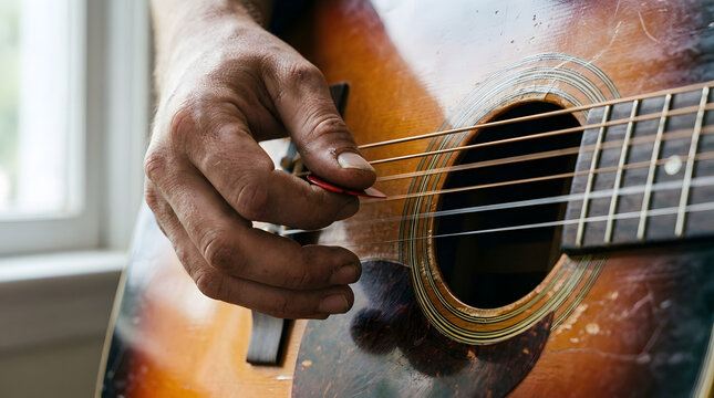 Hand playing acoustic guitar isolated on transparent background. Generated with AI image