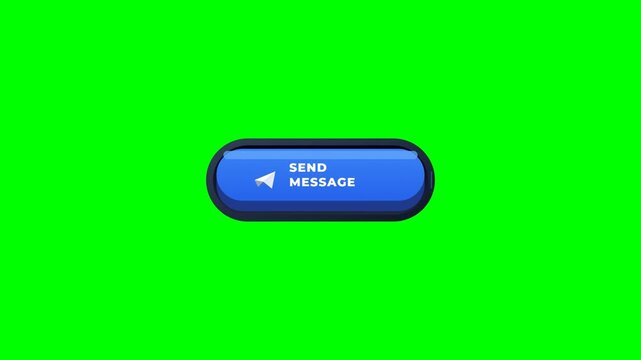 Blue send message button with paper airplane icon animation on green screen background