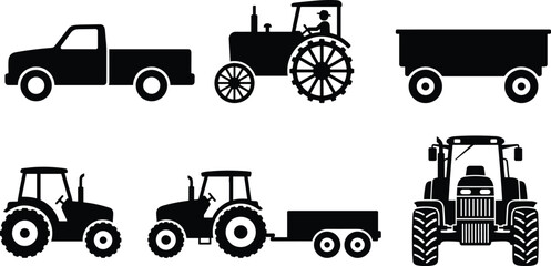 Black Silhouette Agricultural Farm Tractor and Pickup Truck Icon Set with Vintage Machinery Trailers and Industrial Farming Vehicles for Rural Logo and Graphic Designs © Sabbir Studio