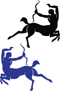 Mythological centaur archer silhouettes, Greek mythology sagittarius zodiac icons, black and blue half-man half-horse creature vector graphics