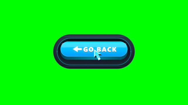 Animated 3D Blue Go Back Button with Left Arrow and Mouse Cursor Clicking on Green Screen Background for Game UI