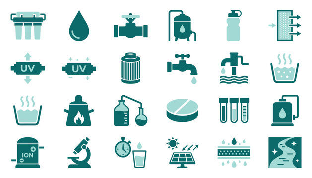 Water treatment and purification vector icon set. filter, drop, valve, uv, pump, microscope, illustration.
