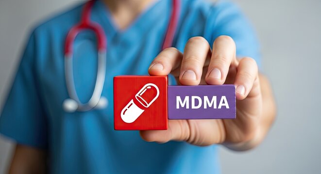 A medical professional in blue scrubs and a stethoscope holds out a pill and MDMA sign in their hand