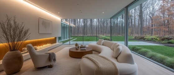 Fototapeta premium Cozy living room with fireplace and large windows at home, warm lifestyle, comfort living, relaxing interior.
