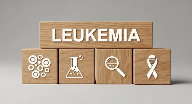 Wooden blocks with leukemia awareness symbols and text on a gray background for medical and health concepts
