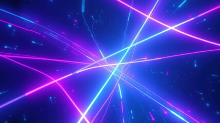 Fototapeta premium Bright neon lines intersect, creating abstract tunnel effect. Dark background emphasizes vibrant colors, futuristic design.