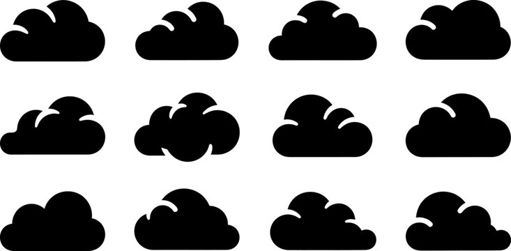 Collection of stylized black cloud icons on white background