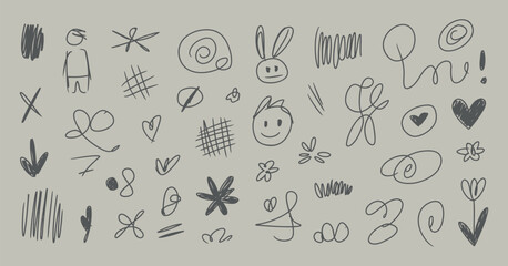 Fototapeta premium hand drawn doodle collection with hearts flowers and abstract shapes on a gray background