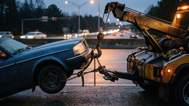 Tow truck hauling a broken blue automobile on a highway. Emergency road service vehicle pulling a damaged car for repair. Roadside assistance concept at dusk for vehicle recovery.