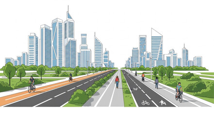 Fototapeta premium Modern city with bicycle paths and green spaces.
