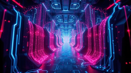 Fototapeta premium Futuristic corridor glows with vibrant neon lights. Complex circuitry lines walls, creating immersive digital space. Intense perspective draws viewer inward.