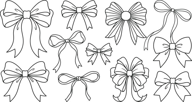 Elegant Coquette Ribbon Bow Line Art Bundle Featuring Cute Decorative Knots for Hair Accessories, Fashion Graphics, Wedding Invitations, and Gift Wrapping Designs